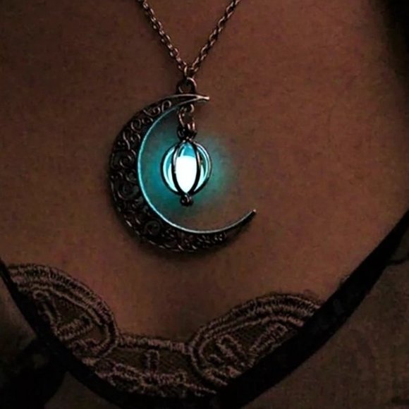 Crescent Moon with Luminous Caged Light Green Glowing Orb Pendant Silver Chain - Picture 2 of 12